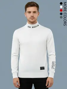 Men's Fall Outfit Long-Sleeved Urban Style Sweatshirt With A High Collar And Stylish Lettering Graphic Design,  Knitted Lightweight Turtleneck Pullover Sweater Everlasting Streetwear Style For Autumn Outfits And Winter Outfits, Knitwear