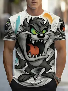 Men' Tasmanian Devil Print T-Shirt - Furious Tassie Devil Design Short Sleeve Round Neck Casual Bold Graphic Tee, Casual Comfy Streetwear, Iconic Graphic Suitable for Gifts, Machine Washable Novelty Apparel for Casual Attire & Themed Events