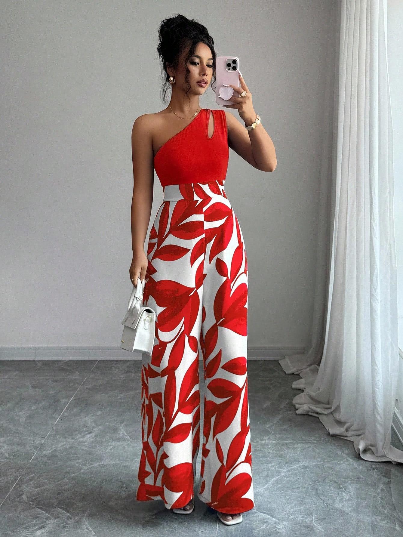ASANDY Women's One Shoulder Cutout Wide Leg Jumpsuit Leaf Print High Waist Colorblock Casual Jumpsuit Elegant Silhouette Versatile Style Perfect For Vacation Date Night Streetwear & Daily Looks