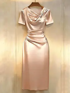 Elegant Satin Dress, Long Plain Short Sleeve, High Waist Slimming, All-Season Office Wear, Summer New Arrival, Ffsp2672