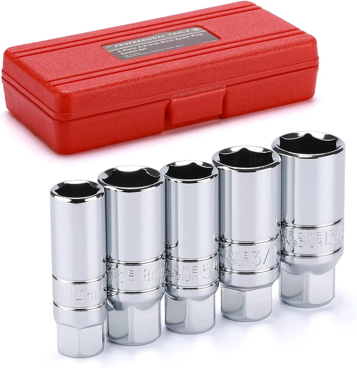 5 count 3/8" Drive Spark Plug Socket Set, CR-V, SAE and Metric, 3/8" Drive 6-Point Socket Set