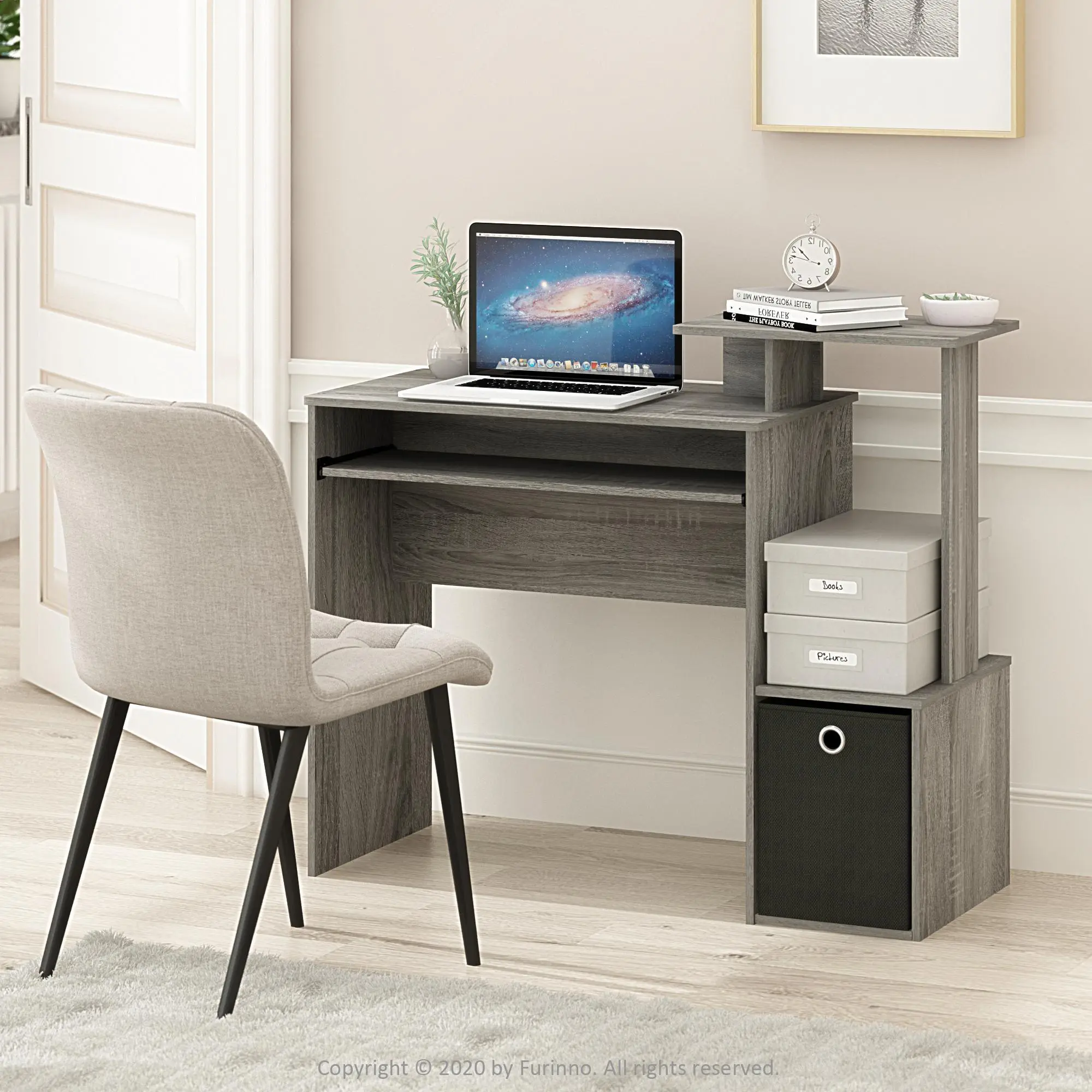 ECON French Oak Compact Cabinet Desk - Modern Style Multi-Layer Cabinet Desk with Functional Worksurface, Keyboard Tray, Extra Shelves for Dorm, Home Office, Compact Cabinet Desks, Modern Style Desks