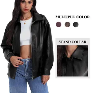 Women’s synthetic leather jacket, long sleeves, zip closure, oversized motorcycle riding jacket, fashionable travel casual jacket, exposed collar, stand-up collar, basic women’s down jacket GARMENTARY