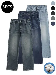 3-pack men’s jeans for autumn/winter, high cotton content, simple versatile straight-leg classic vintage jeans—men’s pants suitable for everyday commuting and casual wear.