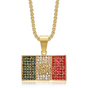 18K Gold Plated Mexico Pendant Punk Rock Stainless Steel Necklace, 24 Inch Chain Hip Hop Jewelry Gift for Men Women