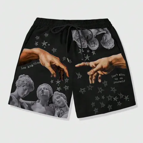 Men's Figure & Hand & Star Print Drawstring Waist Shorts, Drawstrings Shorts, Regular Fit Casual Street Shorts for Fall & Winter, Graphic Print Shorts