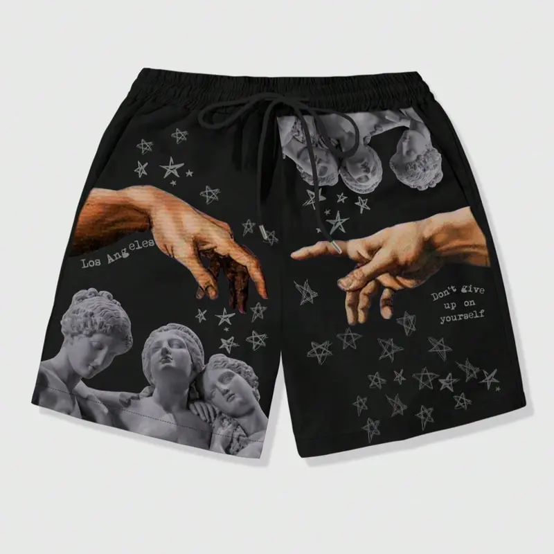 Men's Figure & Hand & Star Print Drawstring Waist Shorts, Drawstrings Shorts, Regular Fit Casual Street Shorts for Fall & Winter, Graphic Print Shorts