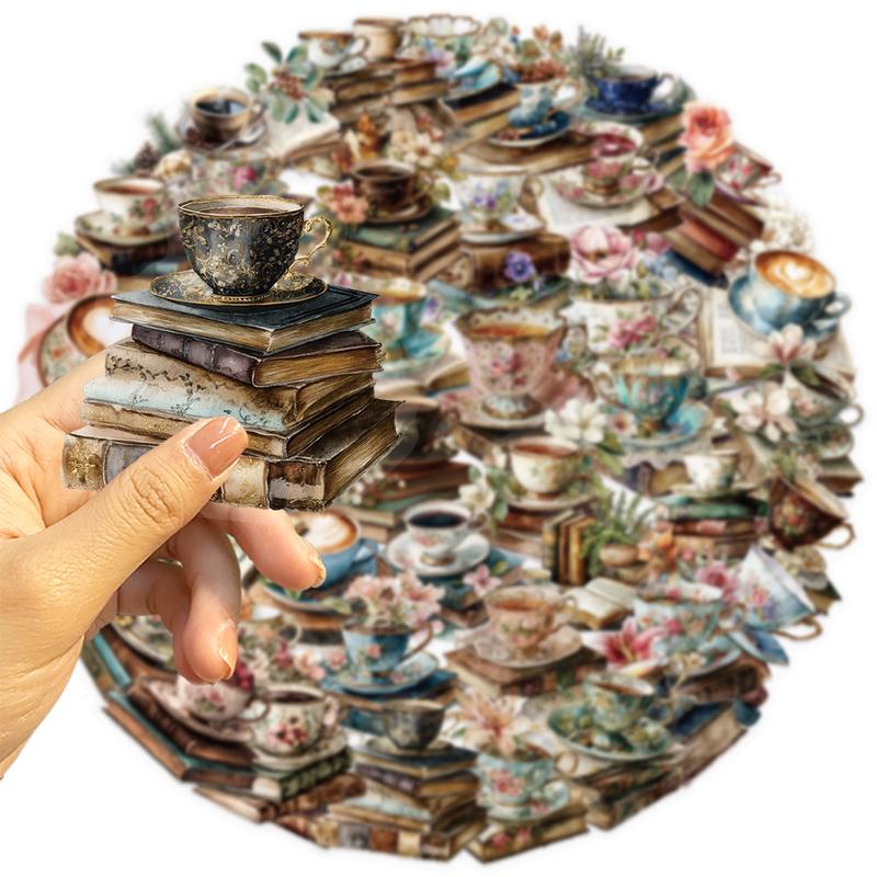 50pcs Retro Artistic Coffee Watercolor Tea Cup Old Book Floral Transparent PET Material Graffiti Stickers Suitable for Suitcases, Phone Cases, Laptops, Helmets, Skateboards Waterproof Decoration DIY Creative Stickers