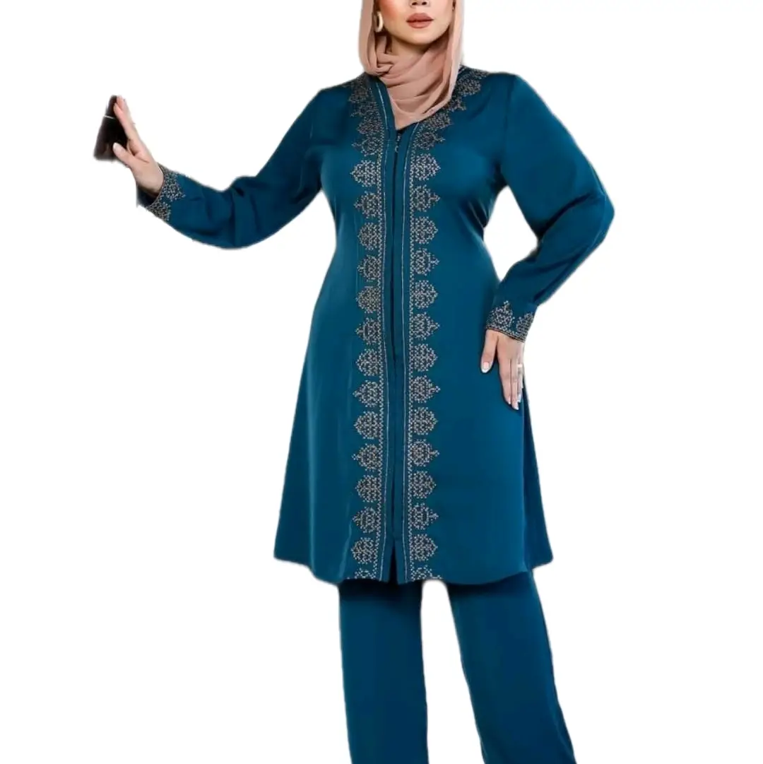 Abayas Women's Long Sleeve Loose Top & Matching Pants Set in Blue - Dubai Islamic Muslim Women's Outfit, 2 Pieces, Complete Matching Set
