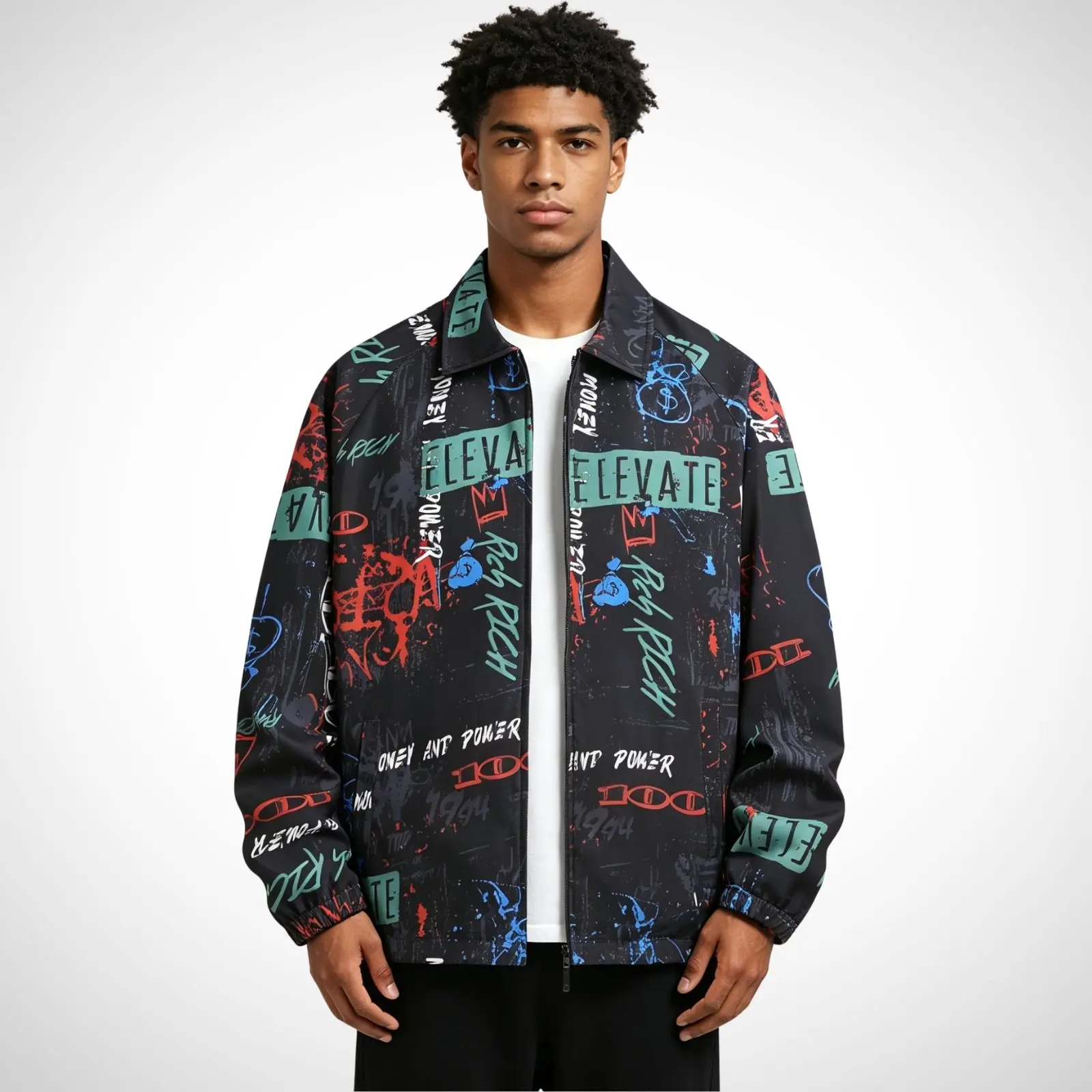 Men’s graffiti print zip jacket, street-style lapel lightweight outerwear, American hip-hop all-over letter graphic casual jacket