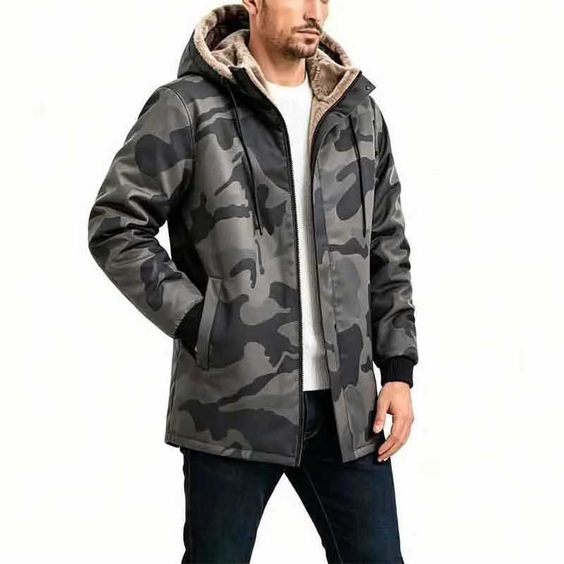 Men’s Autumn-Winter Camouflage Hooded Fleece Jacket - Mid-Length, Full-Zip Closure, Drawstring Hood, Ribbed Cuffs, Trendy Street-Style Casual Long Sleeves, Thick Design