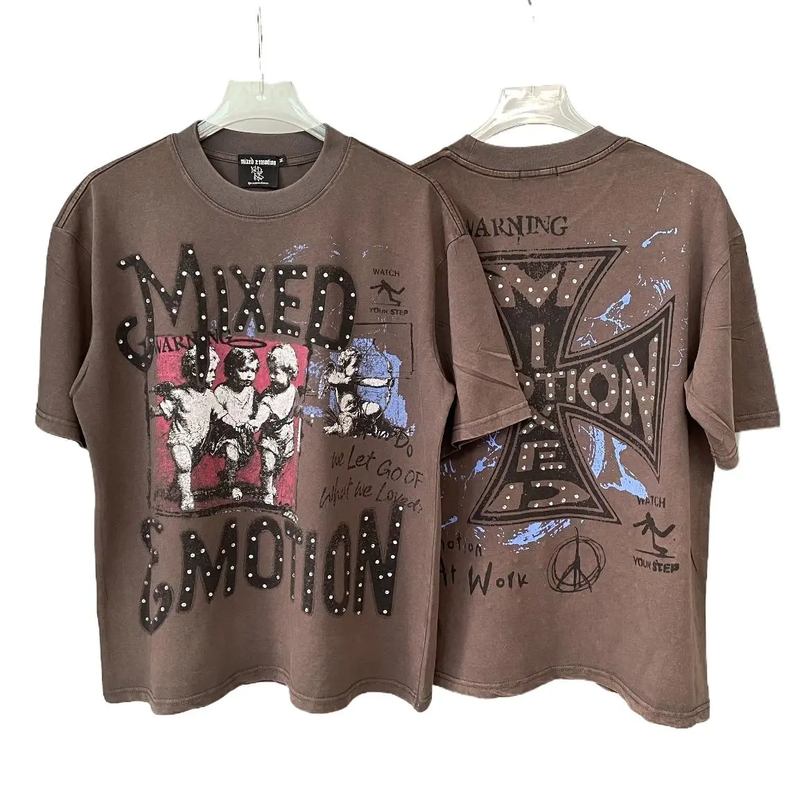 MIXED EMOTION Unisex Pure Cotton Loose-Fit Sports T-Shirt, Short-Sleeve with Angel & Cross Print, Vintage Washed Rhinestone Accents, Distressed Rips, Hip Hop Graffiti Y2K Streetwear, for 2026 Summer Coachella & Spring Break Deals