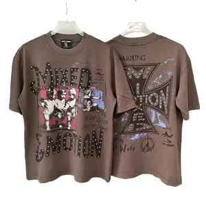 MIXED EMOTION Unisex Pure Cotton Loose-Fit Sports T-Shirt, Short-Sleeve with Angel & Cross Print, Vintage Washed Rhinestone Accents, Distressed Rips, Hip Hop Graffiti Y2K Streetwear, for 2026 Summer Coachella & Spring Break Deals