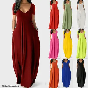 Summer new plus-size women's dress in solid color, sexy deep V-neck, short-sleeved long dress with pockets