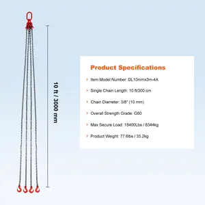 VEVOR Chain Sling, 3/8 inchx 10 ft Lifting Chains with Hooks, G80 Engine Chain Hoist Lifts, 18400 lbs/8 Ton Lifting Sling Chains for Engine Hoist, Engine Lift Chain with 4 Leg Grab Hooks Adjusters