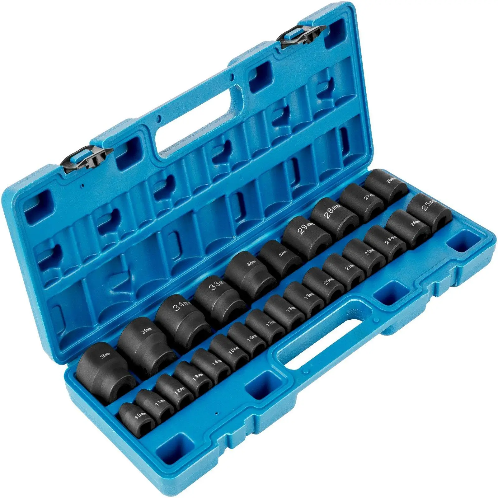 VEVOR 1/2 inches Drive 26 Pieces Metric Impact Socket Set (10mm-36mm) with Socket Wrenches, 6pt Strong Bite Shallow Chromium-Molybdenum Steel Build, Mechanic Tool Kit for DIY Maintenance, Storage Cage Included