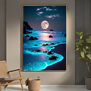 Unique Creative Modern Fluorescent Blue Beach and Night Moon Canvas Print-1PC Unframed Poster - Waterproof Wall Art Decor for Living Room, Bedroom, Office, Dining, Perfect Gift