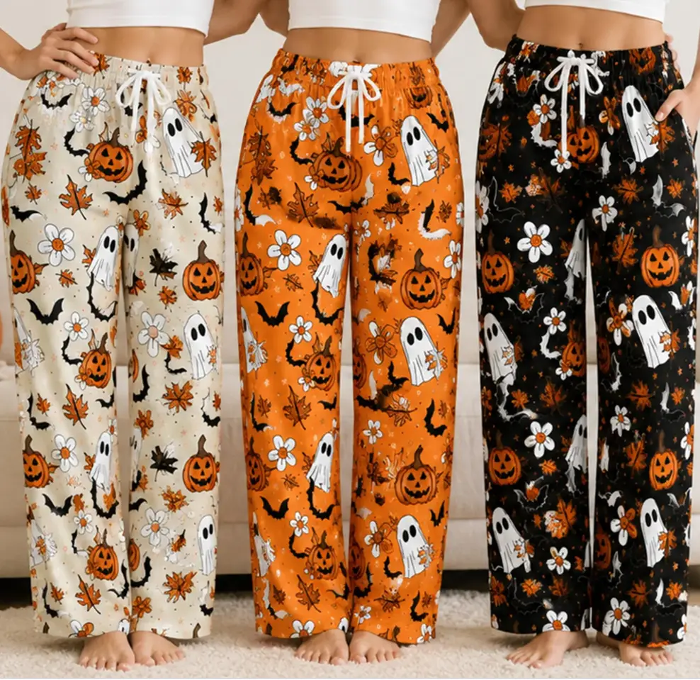 Ghost Pumpkin Halloween Pajama Pants, Women's Wide Leg Pajama Pants, Cute Spooky Lounge Pants, Fall Sleepwear, Halloween Gift for Her