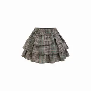 Cider 100% Cotton Mid Rise Tartan Elastic Waist Layered Mini Skirt