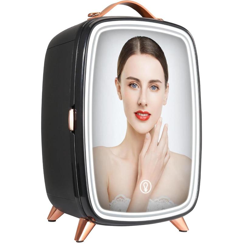 VEVOR Mini Fridge 6L Skincare Refrigerator with LED Light and HD Mirror, AC/DC Makeup Cooler for Skin Care Cosmetic Storage, Chill Face Mask Drink, Small Cooling for Bedroom Dorm Desktop, Black