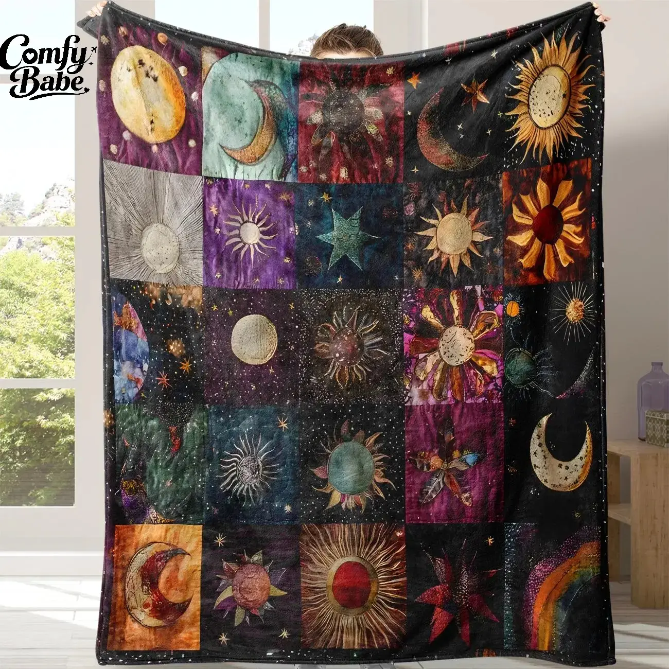 Vintage Celestial Sun-Moon-Star Patchwork Flannel Throw Blanket, Boho Witchy Aesthetic, Mystic Bedroom Decor, Spiritual Gift