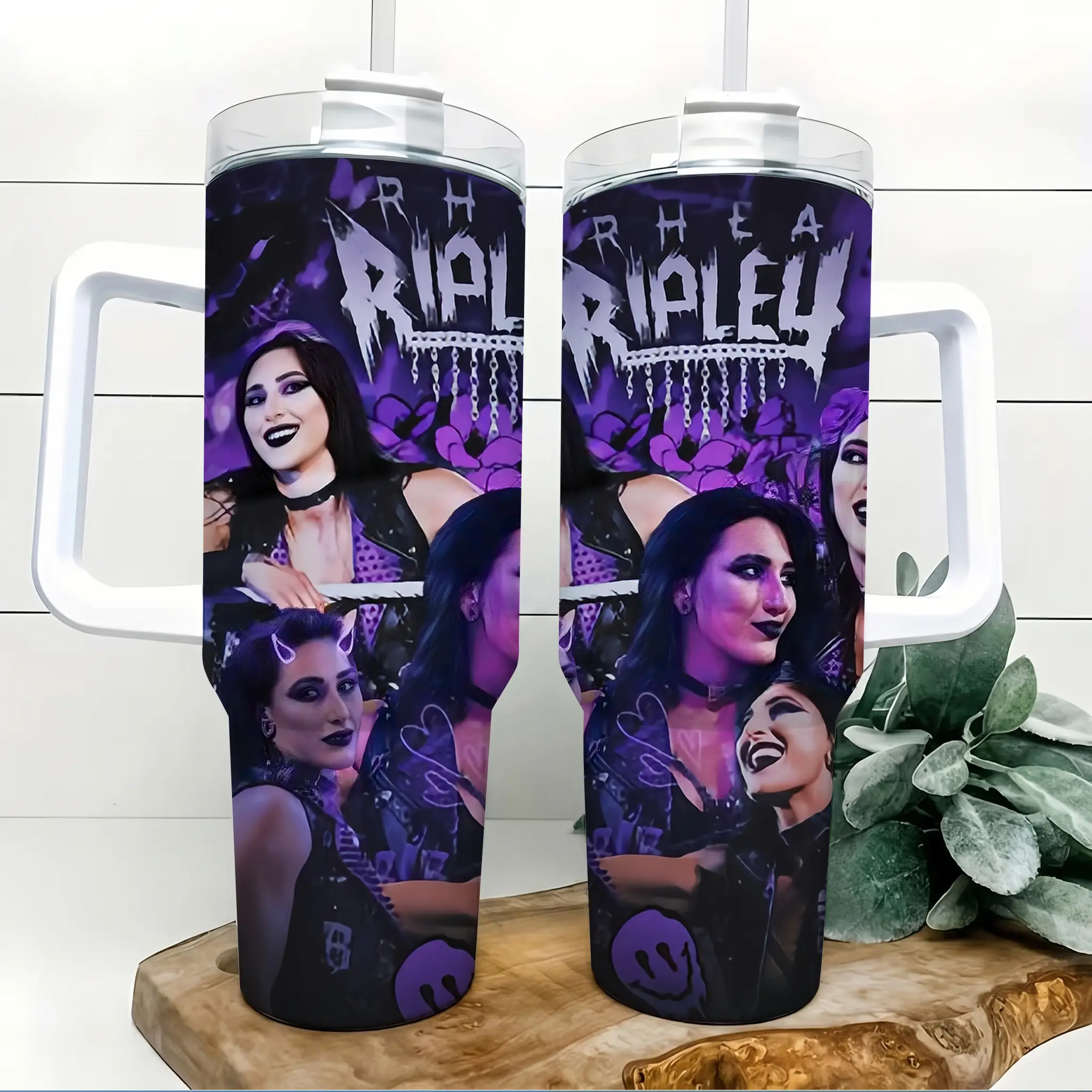 Gothic Wrestling Queen 40oz Heat-Resistant Stainless Steel Flask - Purple Rhea Inspired Wide Mouth Insulated Reusable Car Cup with Handle, Straw, Dark Champion Collage, Gift for Women Fans