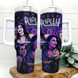 Gothic Wrestling Queen 40oz Heat-Resistant Stainless Steel Flask - Purple Rhea Inspired Wide Mouth Insulated Reusable Car Cup with Handle, Straw, Dark Champion Collage, Gift for Women Fans