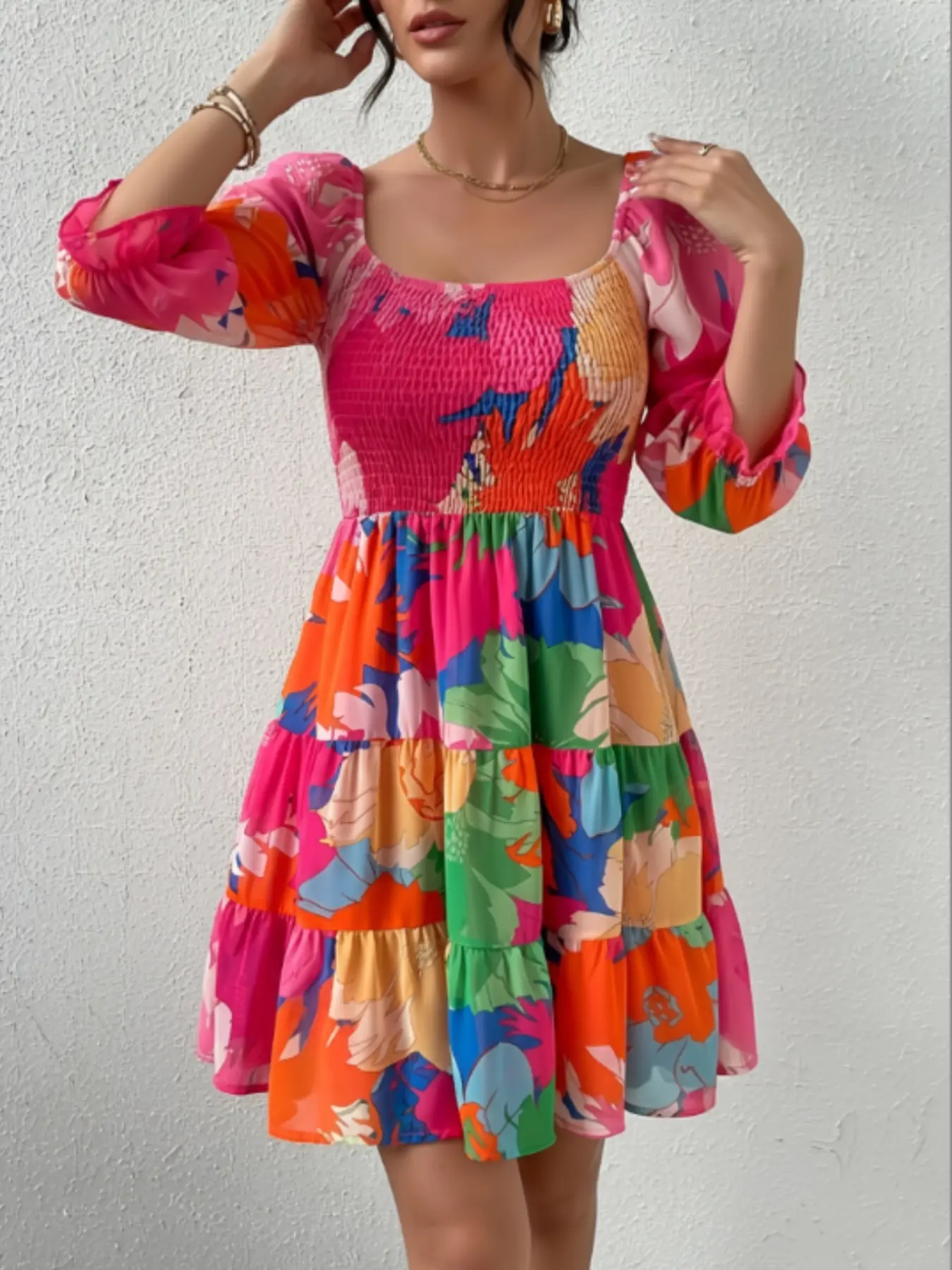 Women's Lightweight Chiffon Lantern Sleeve Dress, Elastic Square Neck Floral Ruffle Summer Casual Dress, Slim-Fitting All Seasons Fashion, Womenswear, Bohemian Style Dresses, Boho Chic, Boho Sundresses
