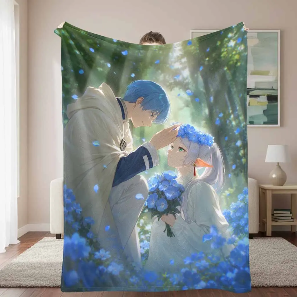 Romantic Anime Couple Love Flannel Blanket - Flannel Fabric, Plush Texture, Blue Floral Fantasy Print, Soft Breathable Multi-Size Throw for Bedroom Decor, Anniversary Gift