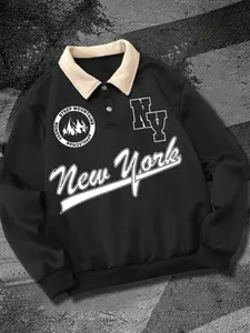 Men's Fall Winter Letter Print Polo Neck Sweatshirt, Casual Outdoor Fitted Pullover, Half Button Design, Moderate Fabric Thickness