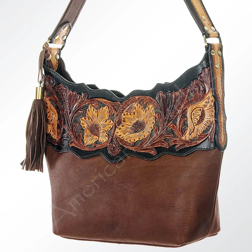 American Darling Hobo Bag Hand Tooled Floral Carved Genuine Vegetable Tanned Leather with Tassels 9in X 14in X 4in