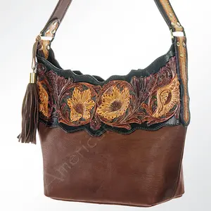 American Darling Hobo Bag Hand Tooled Floral Carved Genuine Vegetable Tanned Leather with Tassels 9in X 14in X 4in