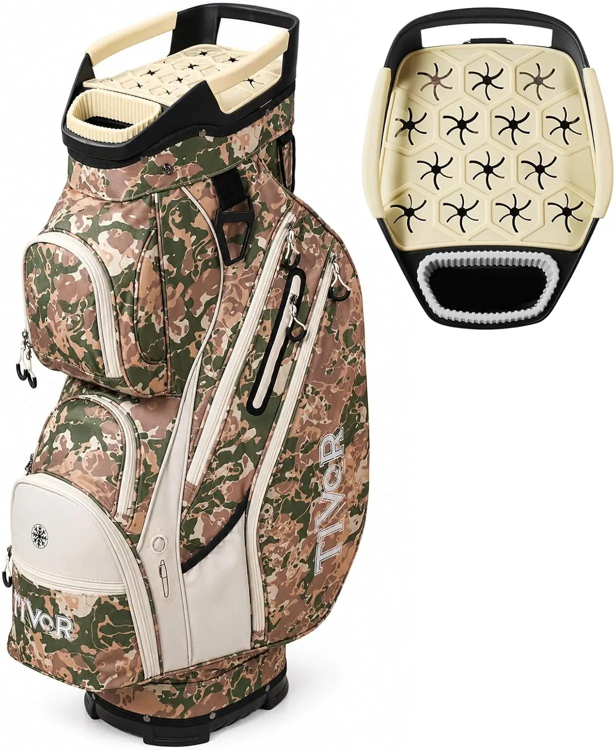 TIVOR 2026 Men/Unisex Golf Cart Bag with 15-Way Full-Length Dividers, 12 Pockets, Adjustable Straps, Premium Silent Design, Rain Hood, Camouflage Print - Fits Jumbo Grips