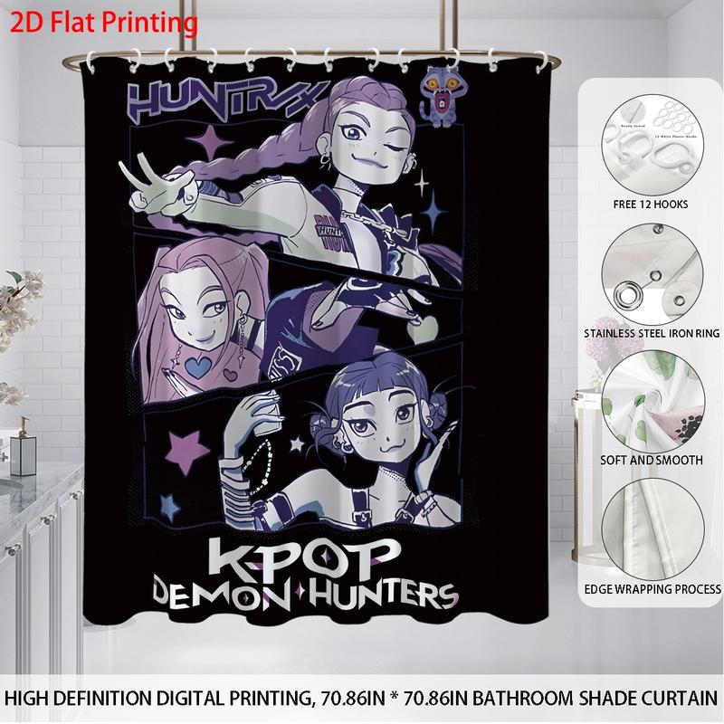 4pcs K-POP Demon Hunters Bathroom Set, Shower Curtain Sets, Shower Curtain with Hooks, Non-Slip Bath Rug, U-Shaped Toilet Mat, Toilet Lid Cover, Bathroom Decoration Accessories