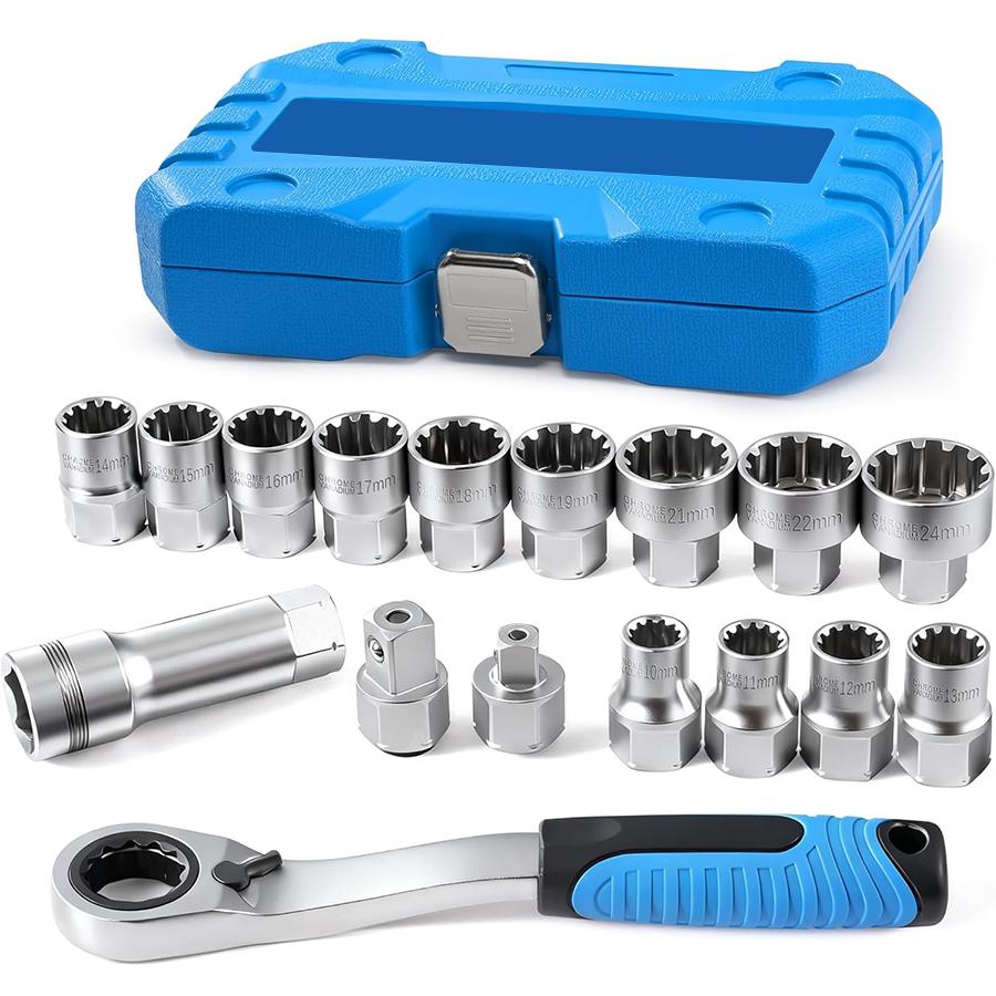 17-Piece Pass-Through Socket Set, 10-24mm Metric, with 3/8" & 1/2" Square Drive Adapters, Low Profile Hollow Ratchet for Long Studs, CR-V Steel Automotive & Mechanical Repair Kit with Case