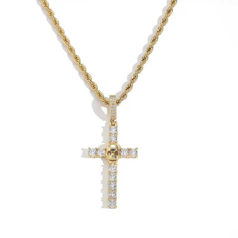 Stainless steel Necklace, 14K Gold Plating Skull Cross Pendant Necklace with 5A CZ Diamonds 18-24'' Rope Chain for Men Women Hip Hop Jewelry