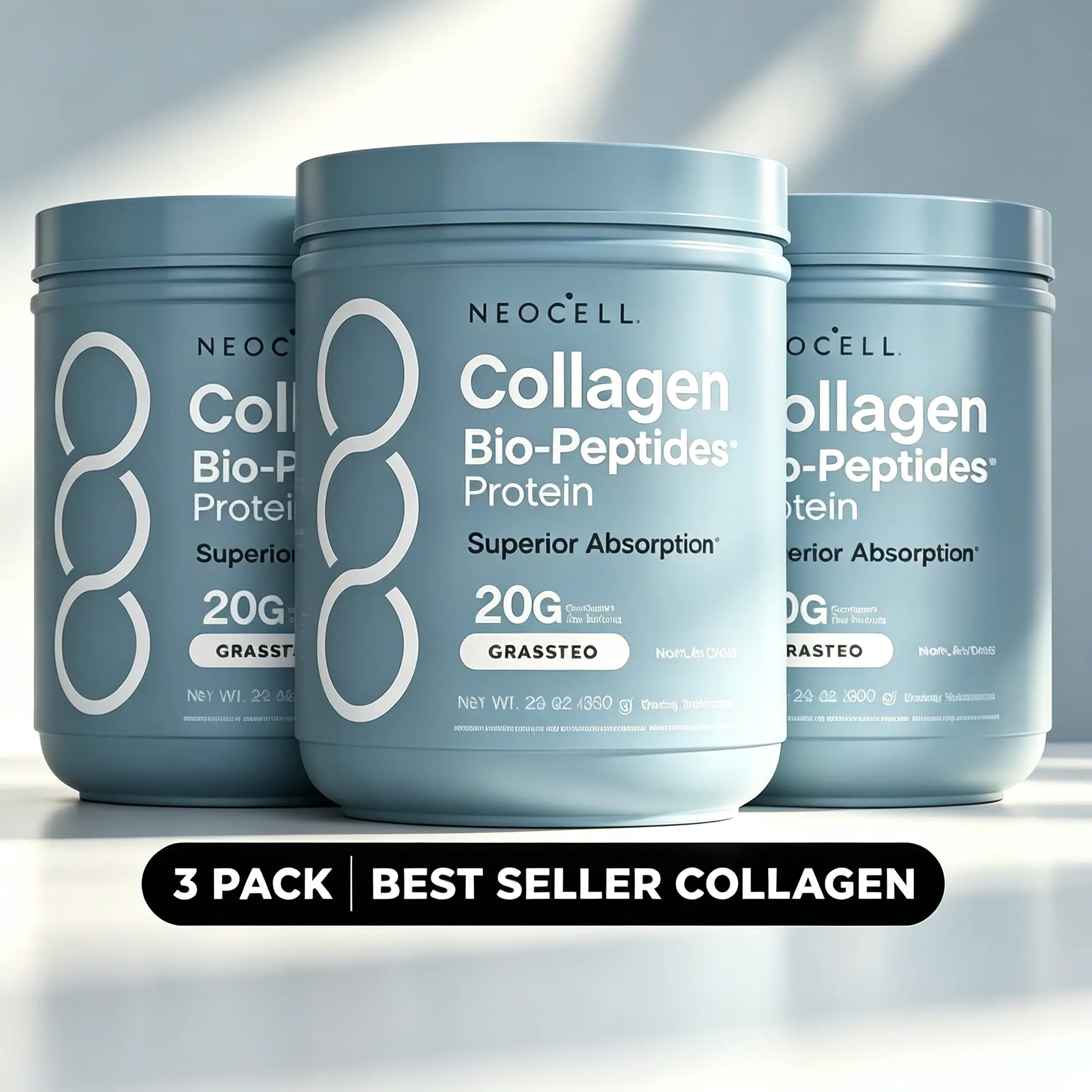 NeoCell Collagen 3Pack Peptides Powder 20oz - Grassfed Protein Supplement - Advanced with 18 Essential Amino Acids