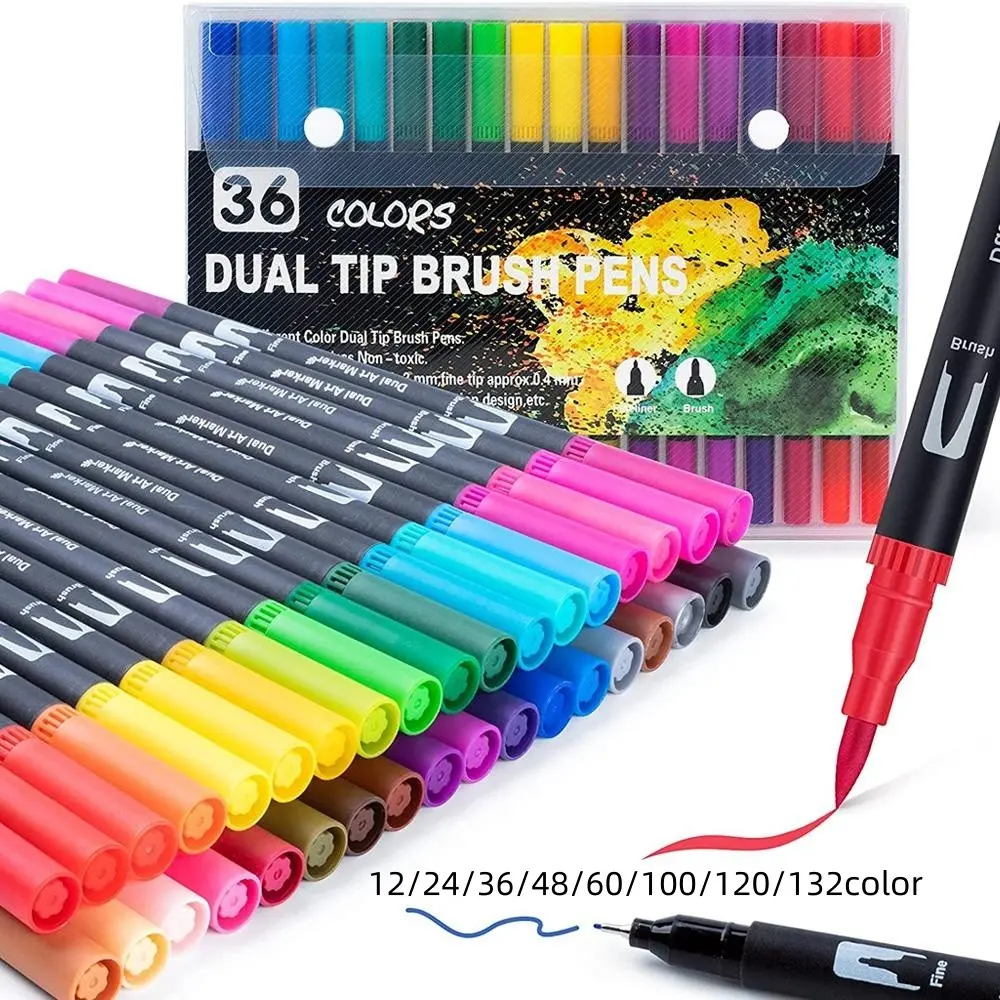12/24/36/48/60/100/120/132 Colours Double Fibre-Tip Pens,Dual Brush Pen Set,Fine Tip Brush Art Markers, Artist Colored Pens for Adult Student Drawing Watercolours Bujo, Art Sets