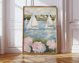 Coastal Hydrangeas & Sailboats Print Preppy Pink Summer Wall Art - No Frame