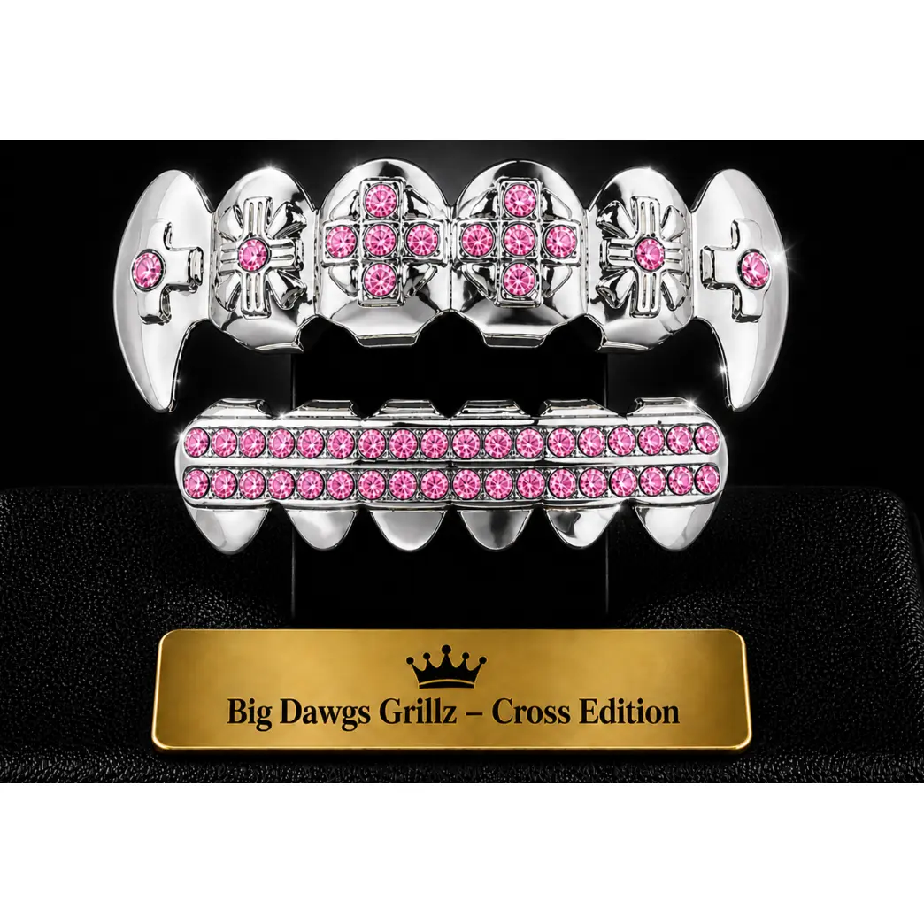 Silver Plated Upper & Lower Cross Fang Grillz Set Iced Pink CZ