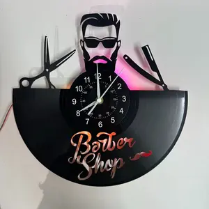 Vintage Barber Vinyl Record Wall Clock, LED Seven-Color Glow, Retro Art Hanging Clock, Ideal for Living Room, Bedroom, Kitchen, Gift, Led Wall Clocks