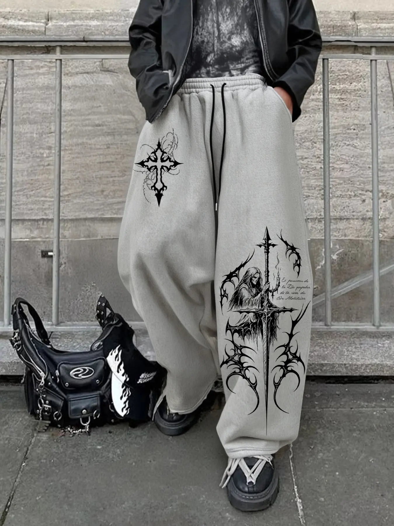 Men's Casual Sporty Long Pants, Thorn Cross & Magician Pattern Print, Drawstring Wide Leg, All Seasons Loose Fit, Men's Clothing
