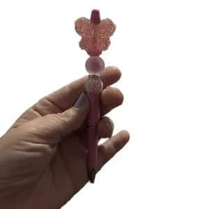 Handmade Beaded Hardheaded Pen with Pink Glitter Top and Pearlecent Accents for Stylish Writing