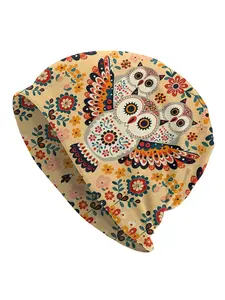 BIIHUDU Scandinavian Folk Art Beanie Hat - Funky Style Knit Bonnet with Owl & Floral Design, Beige Polyester Blend, Perfect f