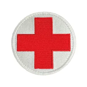 Red Cross Patch Fully Embroidered On White Background (3 inch) With Hook Fastener (each)