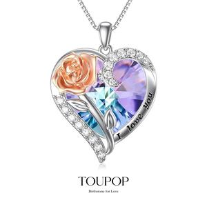 TOUPOP Birthstone Necklace for Women 925 Sterling Silver Rose Flower Heart Crystal Pendant Necklaces I Love You Jewelry Birthday Christmas Gifts for Women Her Girlfriend