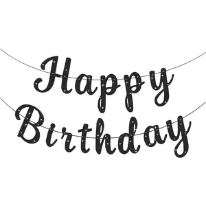 Black Happy Birthday Banner Signs Glitter Happy Birthday Sign Garlands for Women Men Birthday Party Decorations Supplies