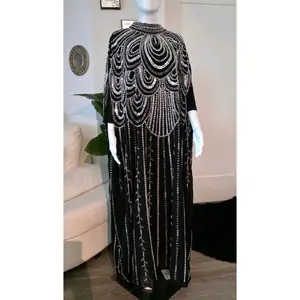 Elegant Black Maxi Dress with Silver Beaded Embellishments and Long Sleeves for Special Occasions