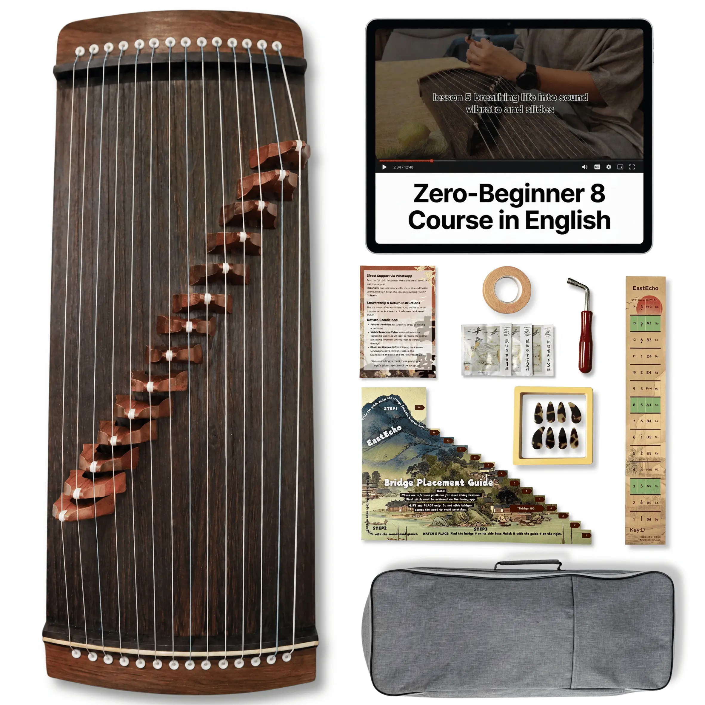 EastEcho Mulan Premium Portable Guzheng - 24" (60cm) 14-String Professional Chinese Zither Musical Instrument, Complete Set with Handmade Cordia Wood for Rich Resonance, Wooden Fingerboard Guzhengs for Adult Beginners, Musical Instruments