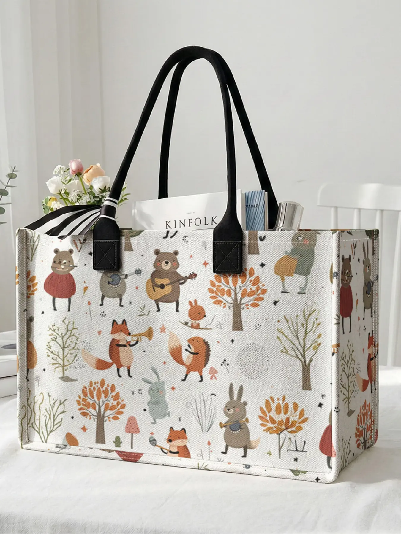 1 piece of 2D printed large capacity storage bag with animal band pattern, Shopping Bag, Reusable Bags, Casual shopping bag, sturdy handle, space-saving multi-purpose, suitable for use at school, on business trips, and shopping